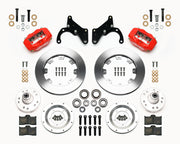Wilwood Red Chevy Drum-to-Disc Front Brakes, Plain Rotors, red calipers and plain rotor components laid out