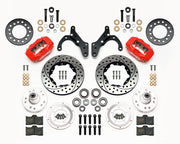 Wilwood Red Chevy/Corvette Front Brakes, 11-Inch SRP Rotors, red calipers and drilled/slotted rotor components laid out