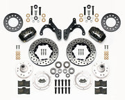Wilwood Chevrolet Front Brake Kit, 11-Inch SRP Rotors and Hubs, black calipers and drilled/slotted rotor components laid out