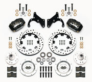 Wilwood Chevy Front SRP Brake/Hub Kit with Black Calipers, black calipers and drilled/slotted rotor components laid out