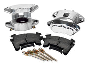 Wilwood Polished D154 Front Brakes with BP-10 Pads, paired polished silver calipers, pads and slide pins, closer product view
