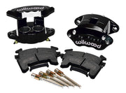 Wilwood Black Twin-Piston Front Brakes, D154 Metric Mounts, paired black calipers, pads and slide pins, closer product view