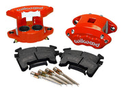Wilwood Red Metric Front Brakes, 0.81-Inch Rotor Width, paired red calipers, pads and slide pins, closer product view