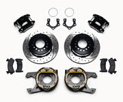 Wilwood D154 Mopar/Dana Rear Brake Kit, Drilled/Slotted, black calipers and drilled/slotted rotor components laid out