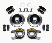 Wilwood Black Big Ford Rear Brakes with SRP 12.19-Inch Rotors, black calipers and drilled/slotted rotor components laid out