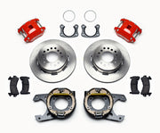 Wilwood Big Ford Rear Brakes, Red Calipers and Parking Shoes, red calipers and plain rotor components laid out