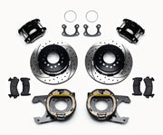 Wilwood D154 Small Ford Rear Brake Conversion, SRP Rotors, black calipers and drilled/slotted rotor components laid out