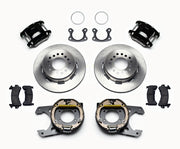 Wilwood Small Ford rear brake kit, black D154 calipers, plain rotors and parking-brake components laid out