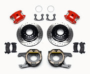 Wilwood Small Ford SRP Rear Kit, Red D154 Parking Brakes, red calipers and drilled/slotted rotor components laid out