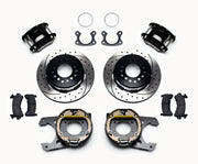 Wilwood Black Small Ford Rear Brakes with SRP Rotors, black calipers and drilled/slotted rotor components laid out