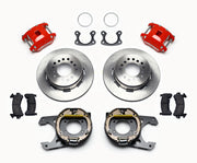 Wilwood Small Ford Rear Brakes, Red Plain-Rotor Package, red calipers and plain rotor components laid out