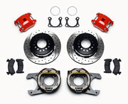 Wilwood Red D154 Rear SRP Brakes for Big Ford Housing Ends, red calipers and drilled/slotted rotor components laid out
