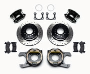 Wilwood Black Big Ford Rear Brake Package, SRP Vented Rotors, black calipers and drilled/slotted rotor components laid out