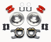 Wilwood Red Big Ford Rear Brake Kit with Parking Shoes, red calipers and plain rotor components laid out