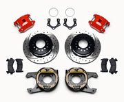 Wilwood Red Rear Brake Package, Mopar/Dana Snap-Ring Ends, red calipers and drilled/slotted rotor components laid out