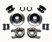 Wilwood D154 Rear Brake Kit, Mopar/Dana 2.36-Inch Axle Offset, black calipers and drilled/slotted rotor components laid out