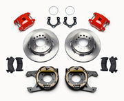 Wilwood Mopar/Dana Rear Brake Kit, Red Plain-Rotor Version, red calipers and plain rotor components laid out