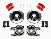 Wilwood Rear D154 Brake Kit, Red 12-Bolt C-Clip SRP Layout, red calipers and drilled/slotted rotor components laid out