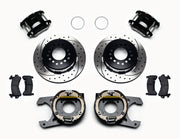Wilwood Black 12-Bolt Rear Brake Kit, Drilled/Slotted Rotors, black calipers and drilled/slotted rotor components laid out