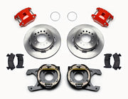 Wilwood 12-Bolt Rear Brake Conversion, Red Parking-Shoe Kit, red calipers and plain rotor components laid out