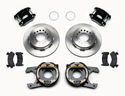 Wilwood C-Clip 12-Bolt Rear Brakes, Black Plain-Rotor Kit, black calipers and plain rotor components laid out