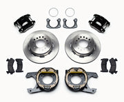 Wilwood New Style Ford Rear Brakes, 2.36-Inch Axle Offset, black calipers and plain rotor components laid out