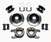 Wilwood Black Staggered Rear Brake Kit, Big Ford SRP Rotors, black calipers and drilled/slotted rotor components laid out