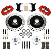 Wilwood Front SRP Brake and Hub Conversion, Red Six-Piston, red calipers and drilled/slotted rotor components laid out