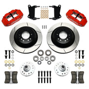 Wilwood Red Front Brake Kit, Hubs and GT 12.88-Inch Rotors, red calipers and slotted rotor components laid out