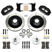 Wilwood Black Six-Piston Front Brakes with 12.88-Inch GT Rotors, black calipers and slotted rotor components laid out