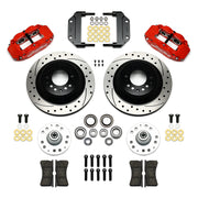 Wilwood Red Magnum Force Front Brakes with SRP Rotors, red calipers and drilled/slotted rotor components laid out
