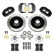 Wilwood Magnum Force Front Kit, Black Calipers and SRP Rotors, black calipers and drilled/slotted rotor components laid out