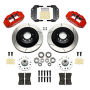Wilwood Magnum Force Front Brake Conversion, Red GT Kit, red calipers and slotted rotor components laid out