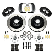 Wilwood Magnum Force Front Brakes, Black Six-Piston Hub Kit, black calipers and slotted rotor components laid out