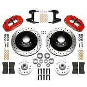 Wilwood Red Bobcat/Mustang II/Pinto Front Brakes, SRP Kit, red calipers and drilled/slotted rotor components laid out