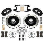 Wilwood Pinto/Mustang II/Bobcat Front Brake Kit, SRP Rotors, black calipers and drilled/slotted rotor components laid out