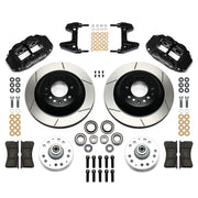 Wilwood Black Mustang II/Pinto/Bobcat Front Brakes, black calipers and slotted rotor components laid out