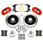 Wilwood Front Brakes for ProSpindle, Red SRP Hub Package, red calipers and drilled/slotted rotor components laid out