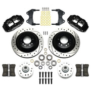 Wilwood Front SRP Rotor/Hub Brake Package for ProSpindle, black calipers and drilled/slotted rotor components laid out