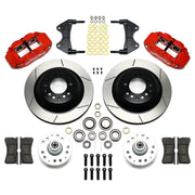Wilwood ProSpindle Front Kit, Red Calipers and GT Rotors, red calipers and slotted rotor components laid out