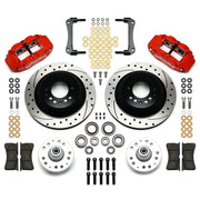 Wilwood Red GM Front Brakes, Drilled/Slotted Challenge Kit, red calipers and drilled/slotted rotor components laid out