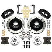 Wilwood GM Front SRP Rotor/Hub Kit, Black Superlite Calipers, black calipers and drilled/slotted rotor components laid out