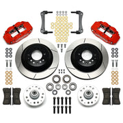 Wilwood Red GM Front Brake Conversion with GT 12.88-Inch Rotors, red calipers and slotted rotor components laid out