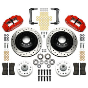 Wilwood Red Later-GM Front Brakes with SRP Rotors and Hubs, red calipers and drilled/slotted rotor components laid out
