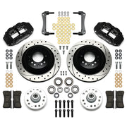 Wilwood GM Front Brake Kit, Black Later-Spindle SRP Package, black calipers and drilled/slotted rotor components laid out