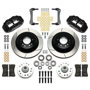 Wilwood Black Later-GM Front Brakes, GT Rotor/Hub Kit, black calipers and slotted rotor components laid out