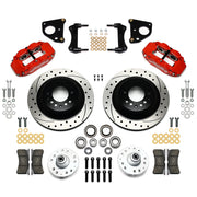 Wilwood front Forged Narrow Superlite 6R kit for Dodge/Plymouth drum spindle: paired red calipers, 12.88-inch drilled and slotted rotors and hardware laid out