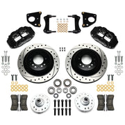 Wilwood front Forged Narrow Superlite 6R kit for Dodge/Plymouth drum spindle: paired black calipers, 12.88-inch drilled and slotted rotors and hardware laid out