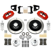 Wilwood front Forged Narrow Superlite 6R kit for Dodge/Plymouth drum spindle: paired red calipers, 12.88-inch slotted rotors and hardware laid out