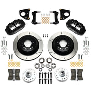 Wilwood front Forged Narrow Superlite 6R kit for Dodge/Plymouth drum spindle: paired black calipers, 12.88-inch slotted rotors and hardware laid out
